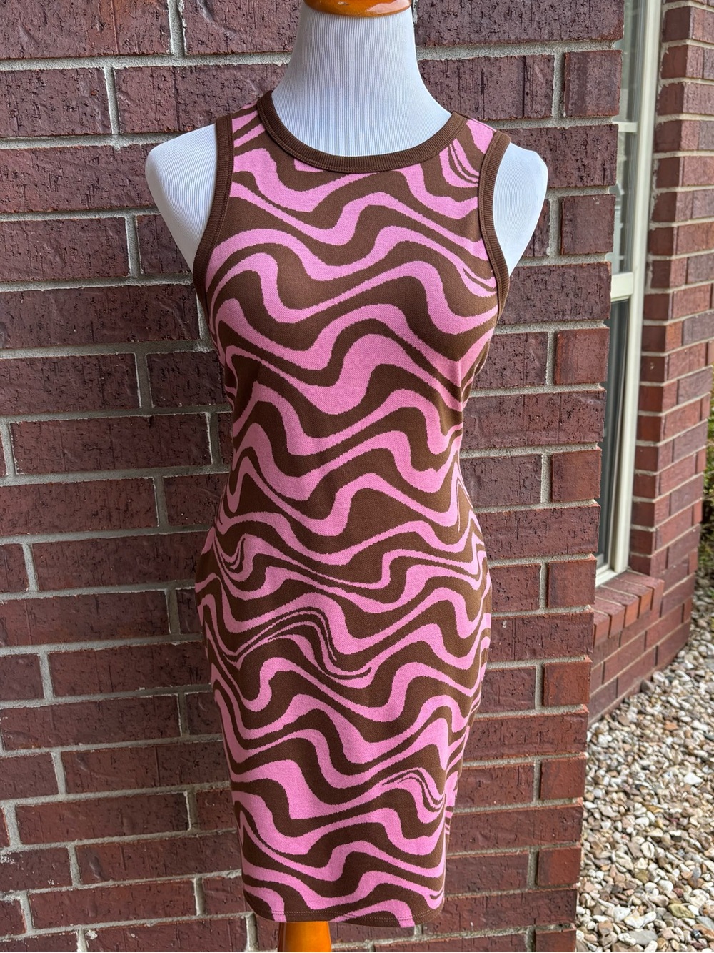 No Boundaries Pink and Brown Wave-Print Midi Dress